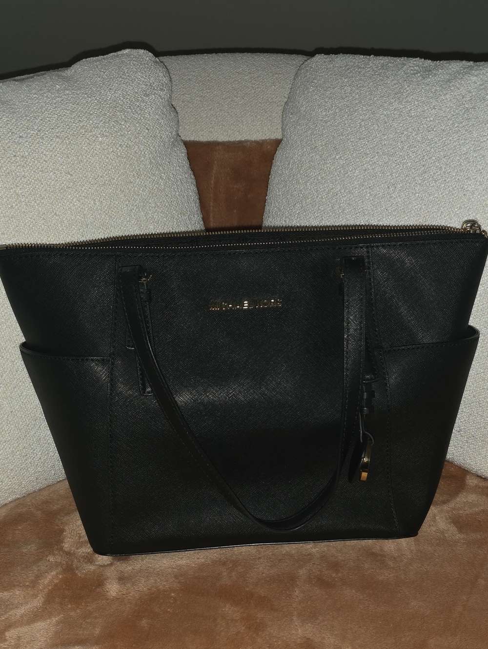 Michael Kors Black Leather Structured Tote with Gold Hardware